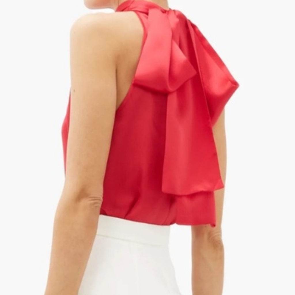 Saloni Michelle Top Hammered Silk Bow Halter Blouse High Neck Red Pink Button 4